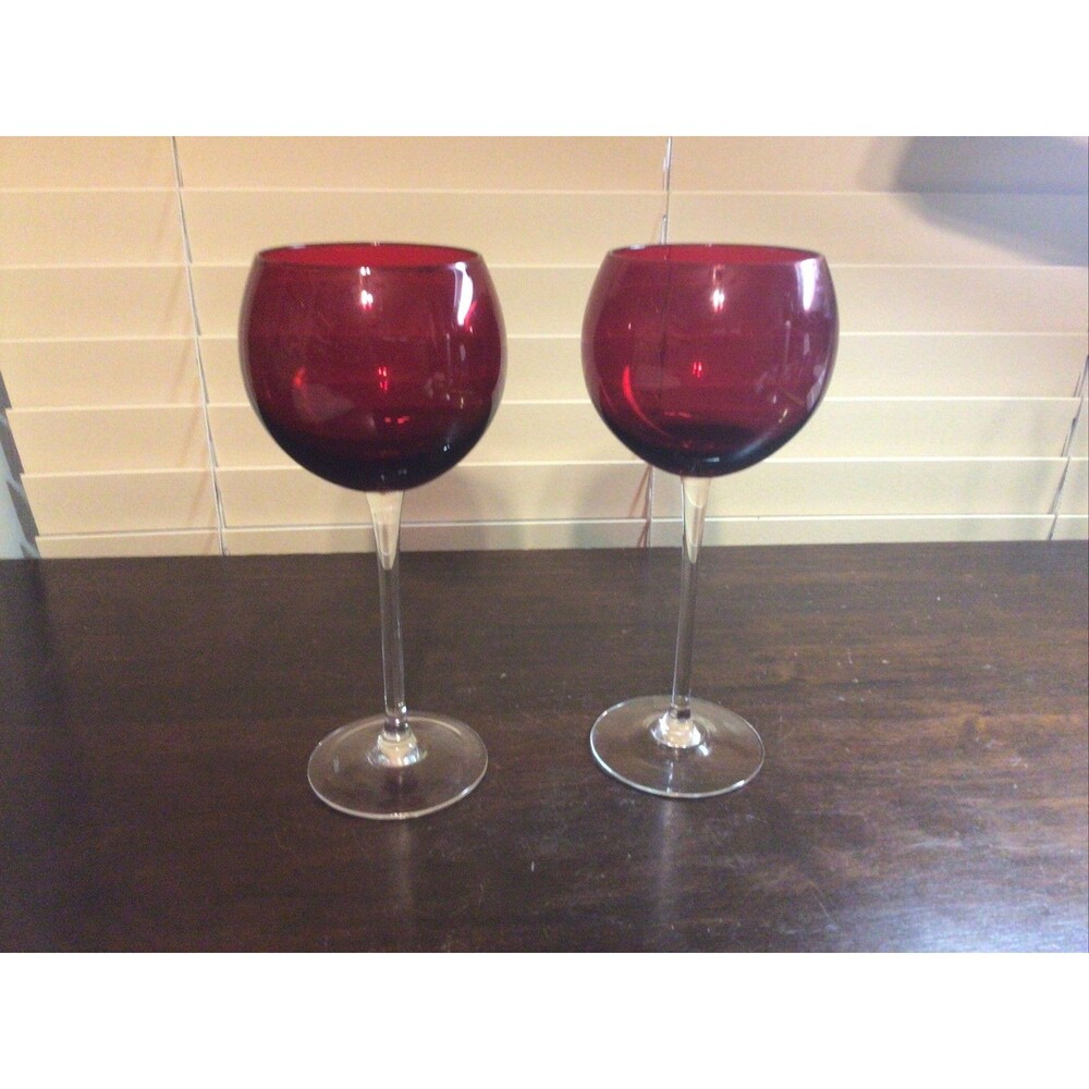2 Lenox Ruby Red Balloon Wine Glasses Clear Stem & Base 8.75"